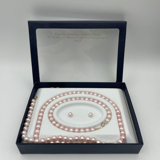 Freshwater Pearl & 10K Necklace, Bracelet, Earring Set