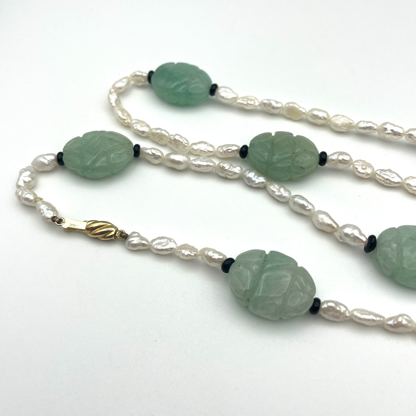 Vintage Jade & Seed Pearl Necklace with 14K Clasp