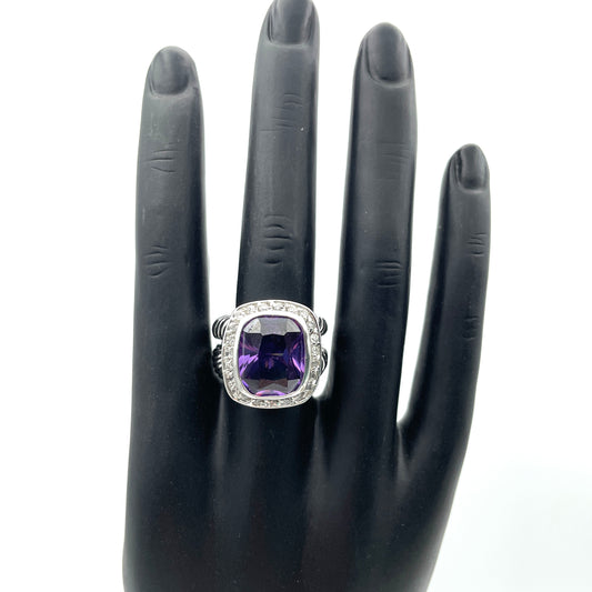 Purple & Crystal Silver Cocktail Ring - Size 8.5