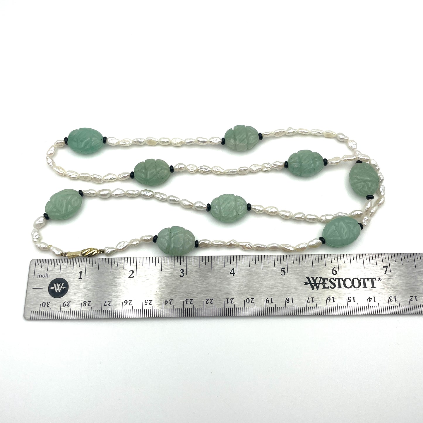 Vintage Jade & Seed Pearl Necklace with 14K Clasp