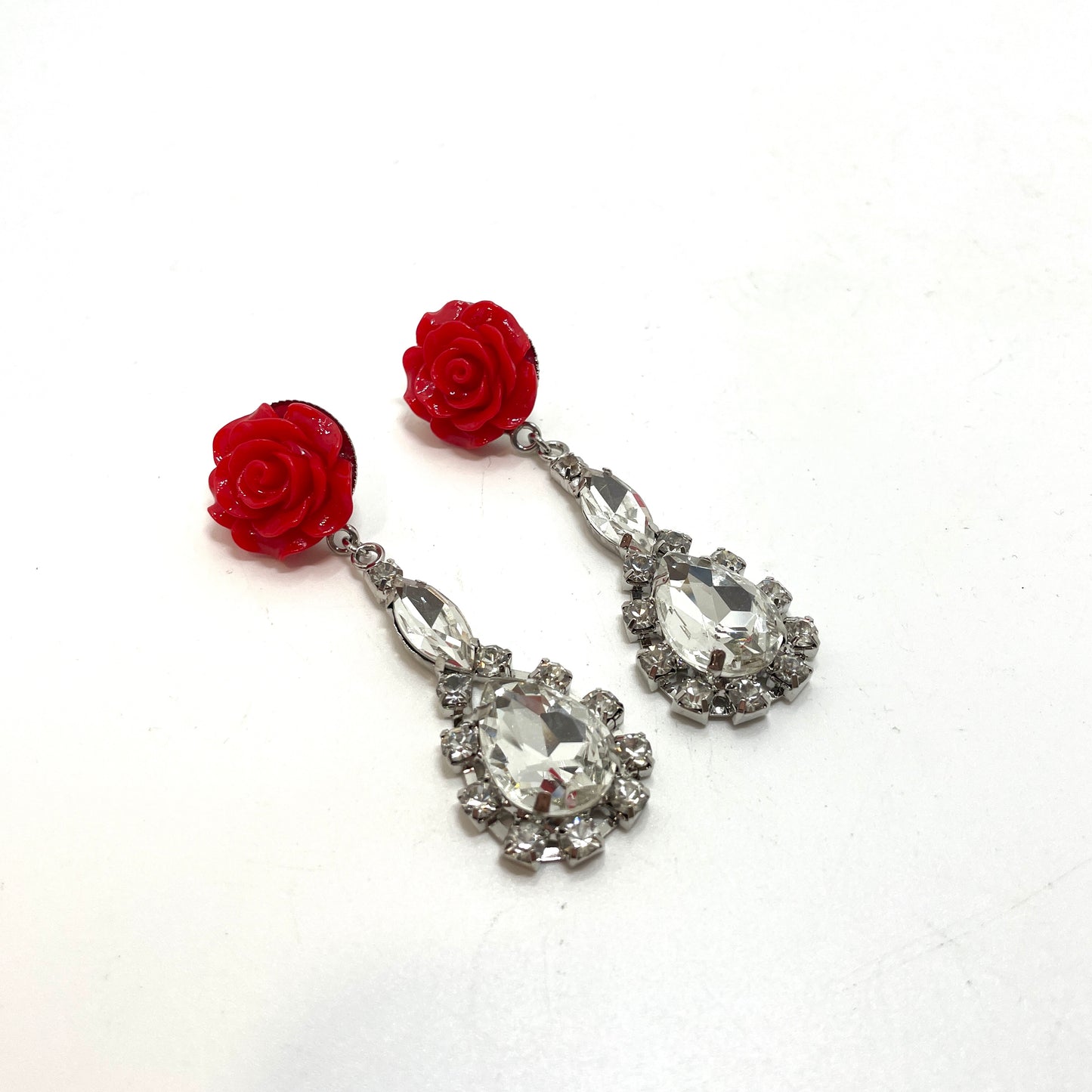 Retro Red & Crystal Dangle Earrings