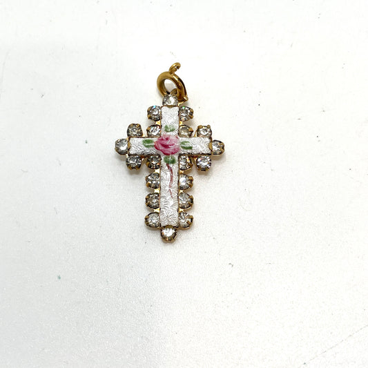 Vintage Small Cross Pendant with Crystals & Enamel