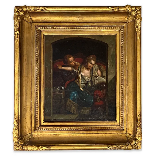 Antique Oil Painting on Canvas of Victorian Romantic Scene in Embellished Gold Frame