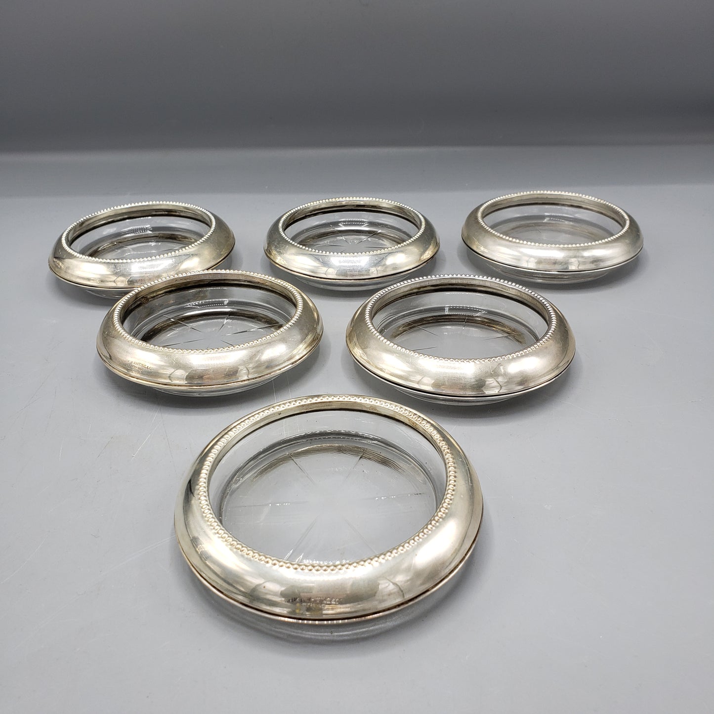 Set of 6 Frank Whiting Sterling Silver and Glass Coasters / Ashtrays