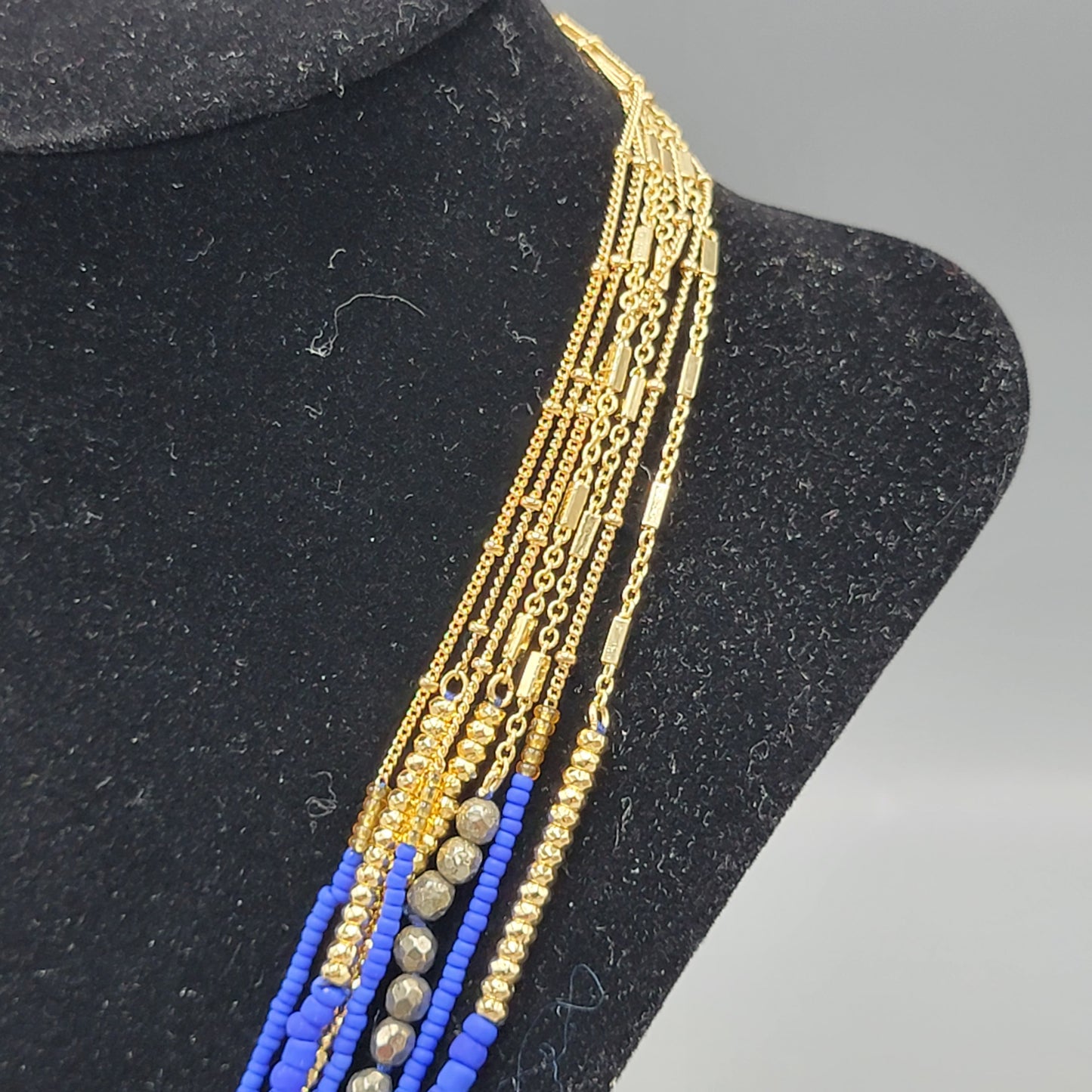 Stella and Dot Multi-strand Necklace - Blue Beads and Tassels and Gold