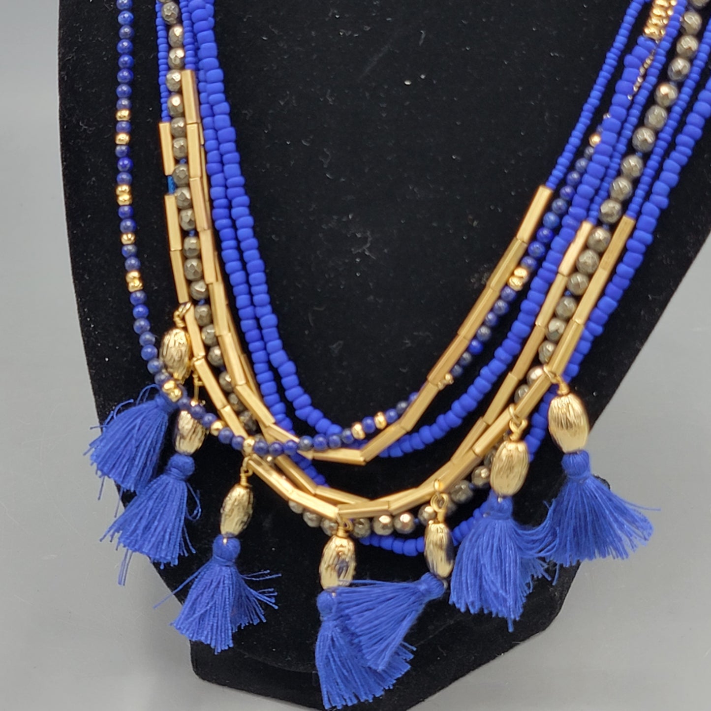 Stella and Dot Multi-strand Necklace - Blue Beads and Tassels and Gold
