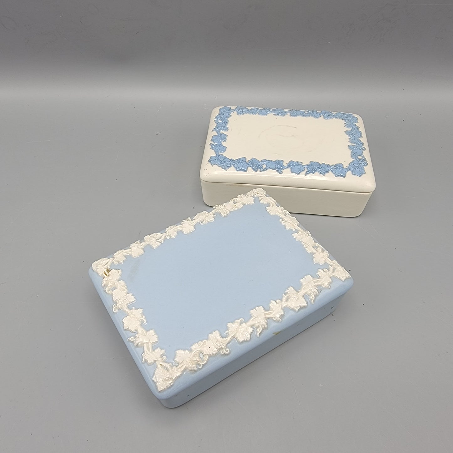 Two Wedgwood Queensware Rectangular Boxes with Grapevine Decoration