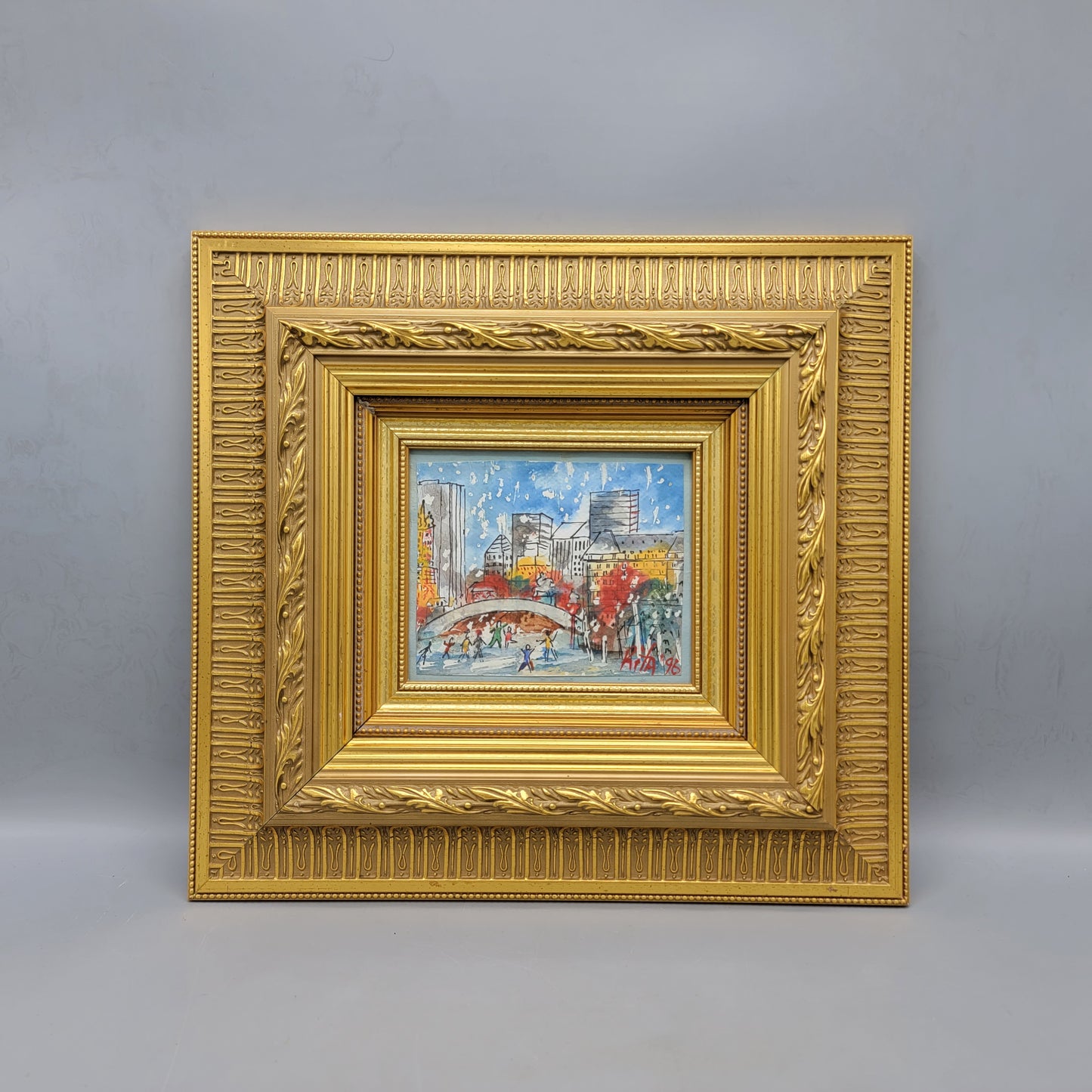 Original New York Watercolor Painting in Gold Frame Signed Rita