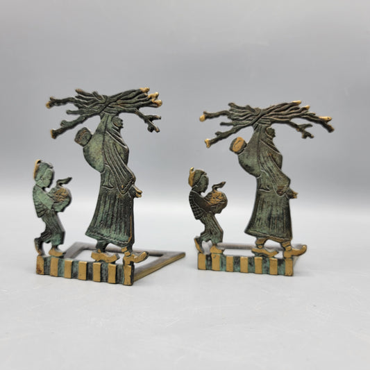 Pair Brass Woman And Child Bookends - Made in Israel