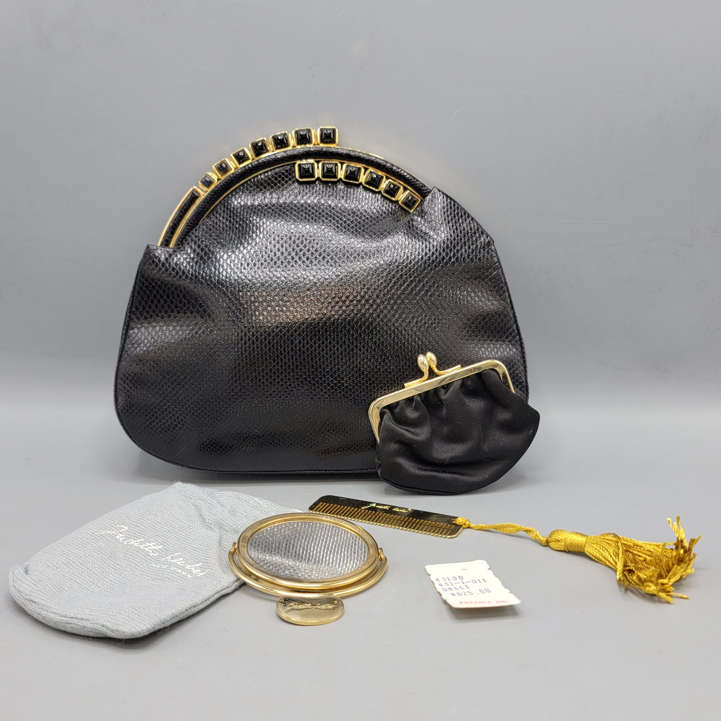Judith Leiber Black Simulated Snakeskin Handbag / Clutch with Accessories