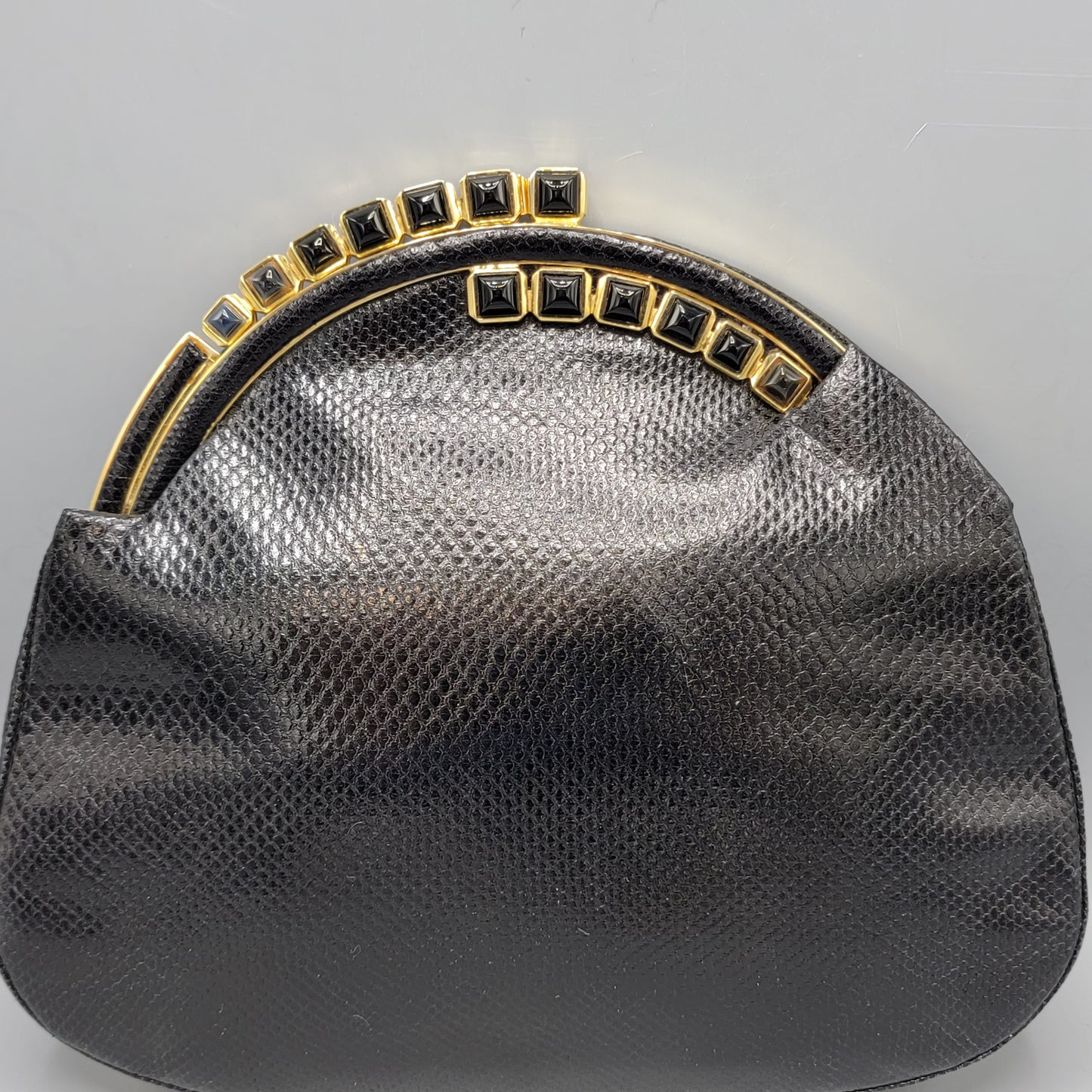 Judith Leiber Black Simulated Snakeskin Handbag / Clutch with Accessories