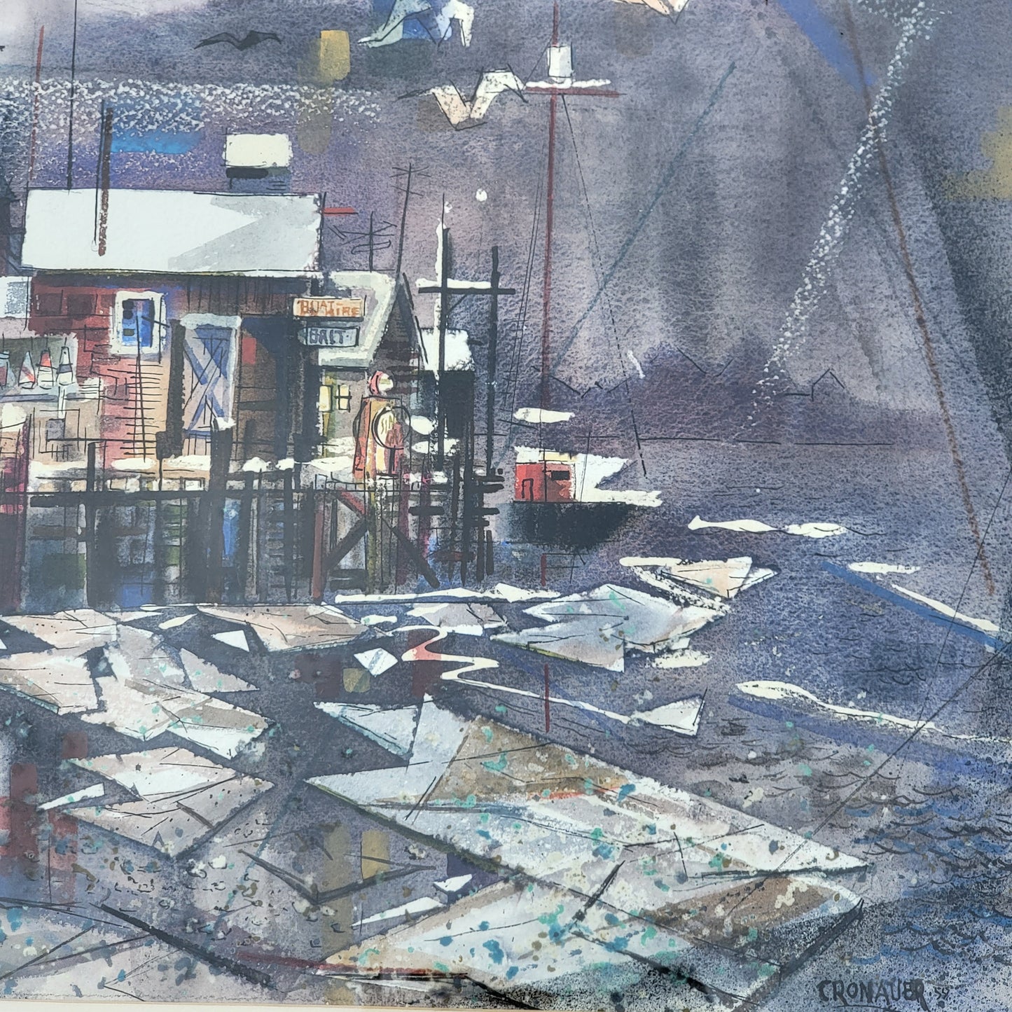 Robert J. Cronauer Watercolor Coal Yard and Fishing Boat