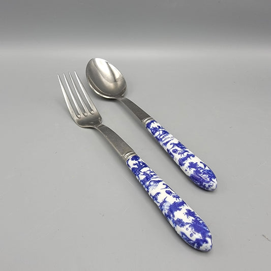 French Porcelain Blue and White Handle Fork and Spoon