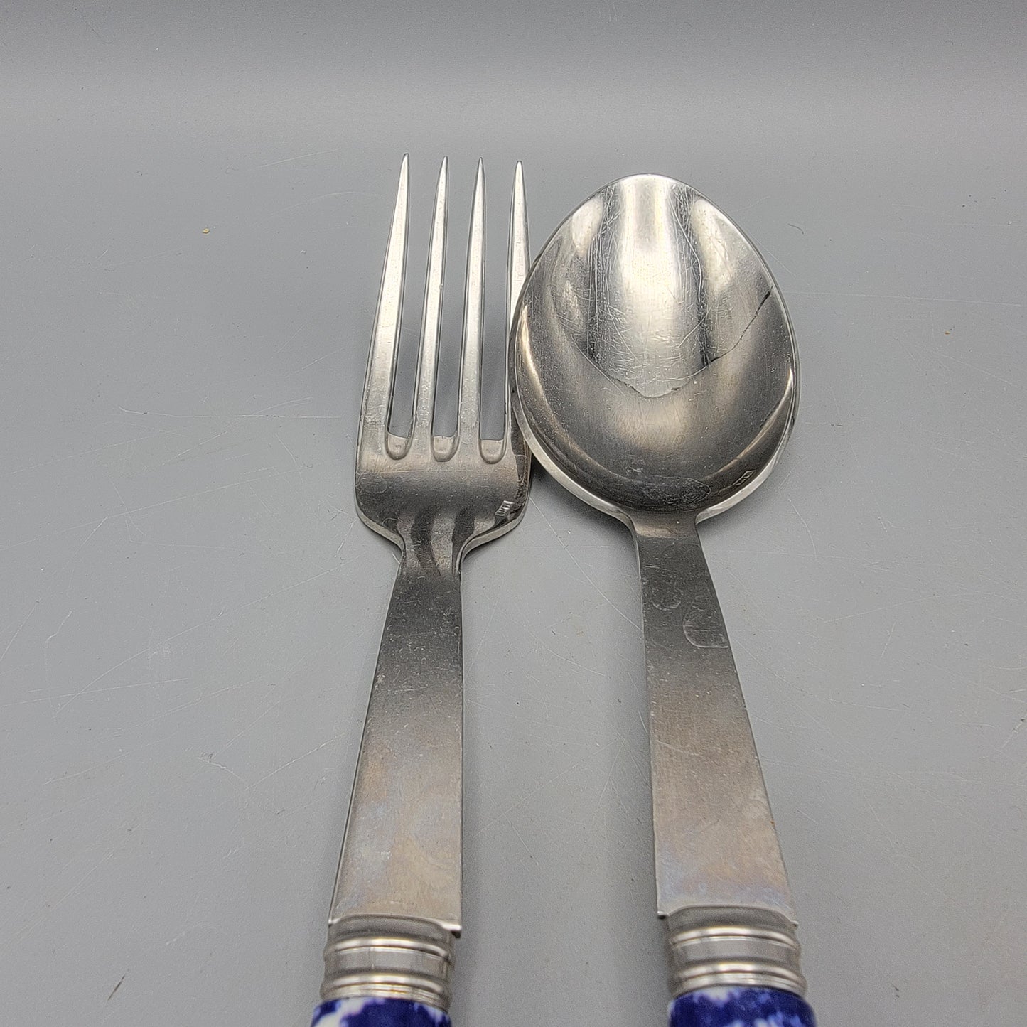 French Porcelain Blue and White Handle Fork and Spoon