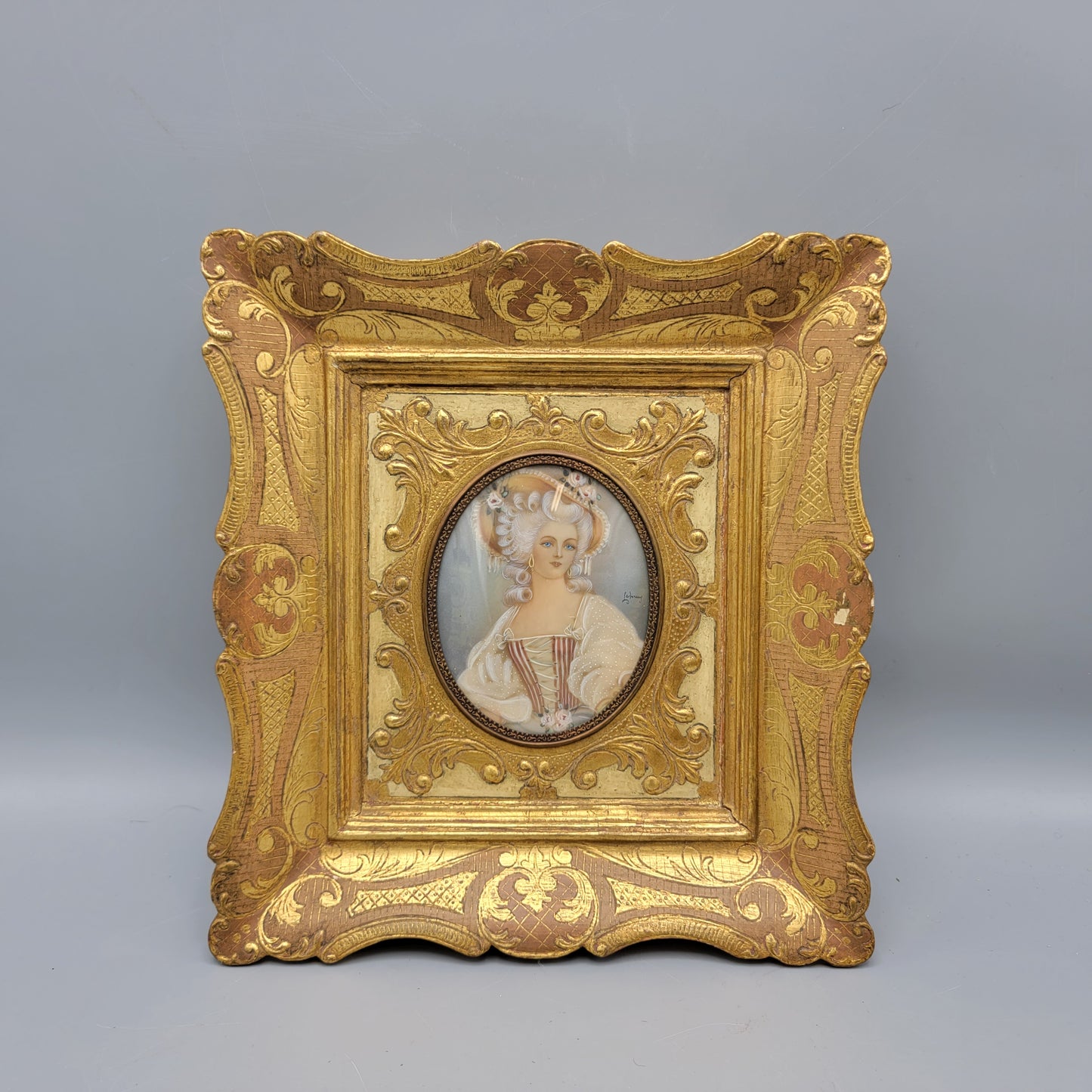 Italian Miniature Painting on Celluloid in Papier Mache Frame - Signed LeBerry
