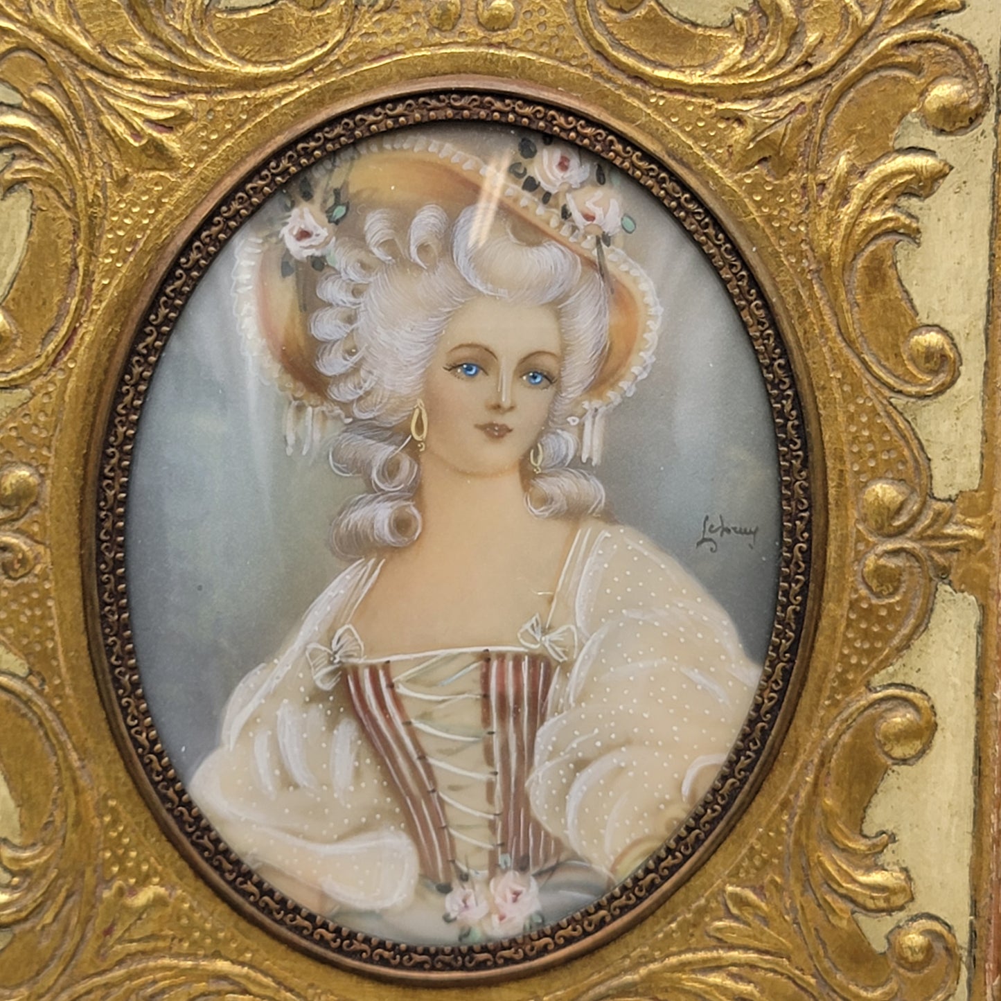 Italian Miniature Painting on Celluloid in Papier Mache Frame - Signed LeBerry