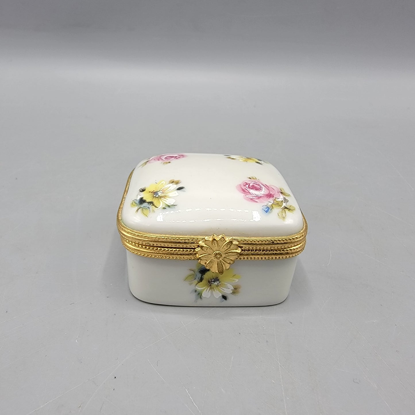 Square Limoges Porcelain Box with Handpainted Flowers