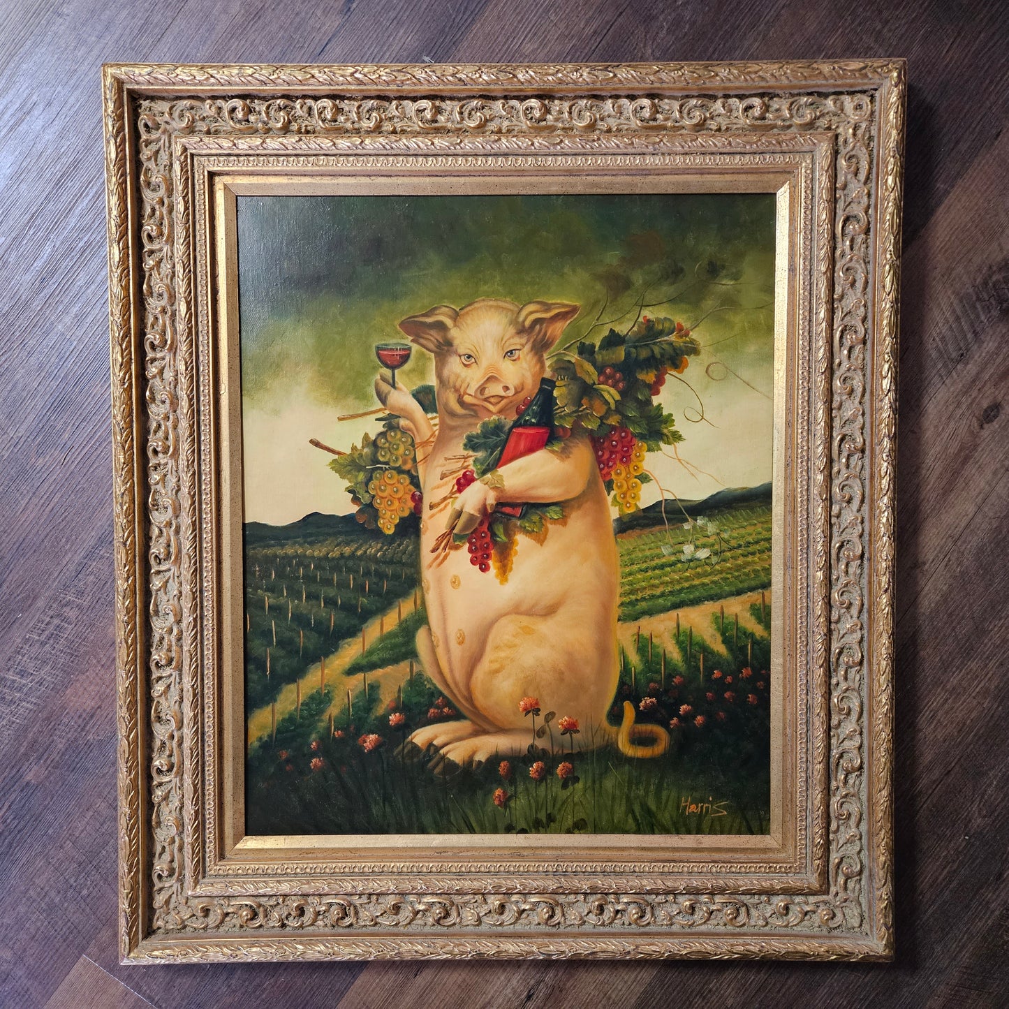 Decorator Painting of a Pig Holding a Wine Glass in a Vineyard - Signed Harris