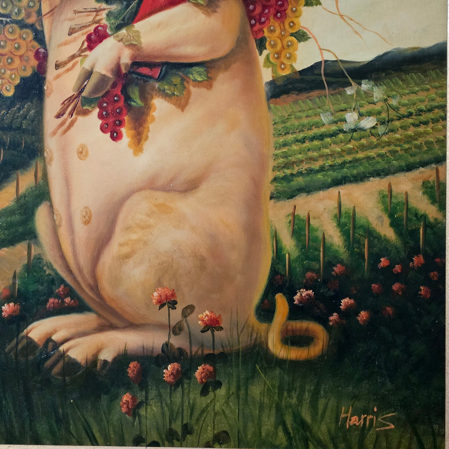 Decorator Painting of a Pig Holding a Wine Glass in a Vineyard - Signed Harris