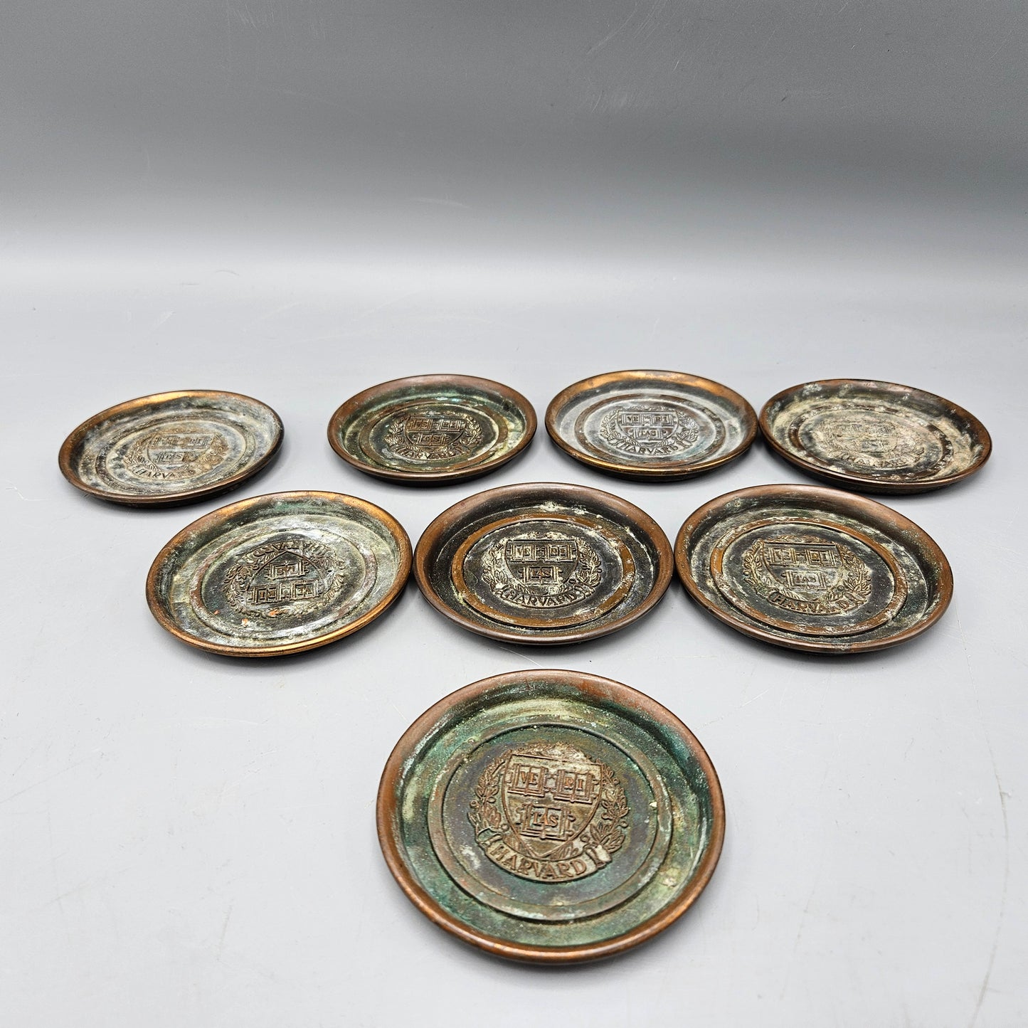 Set of Eight LE Mason Harvard Seal Silverplate Coasters
