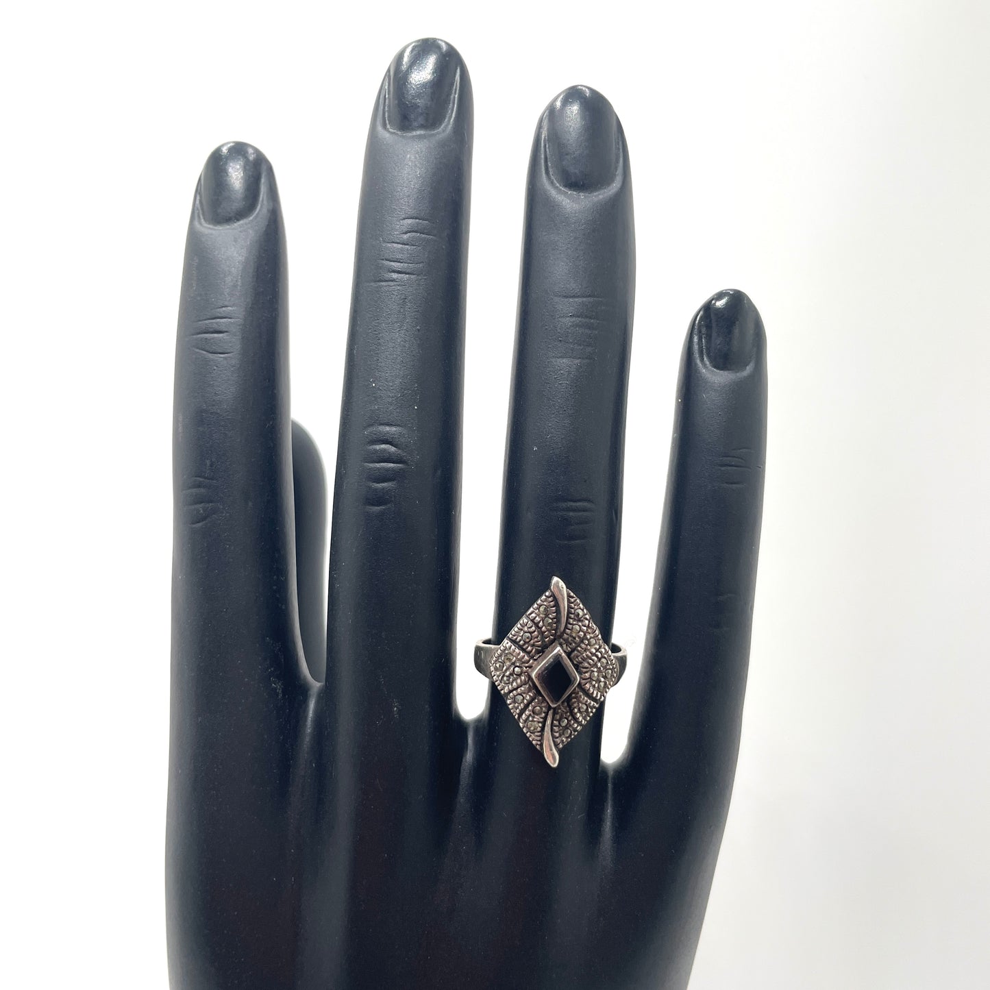 Vintage Sterling Silver & Black Onyx Art Deco Ring - Size 6.5