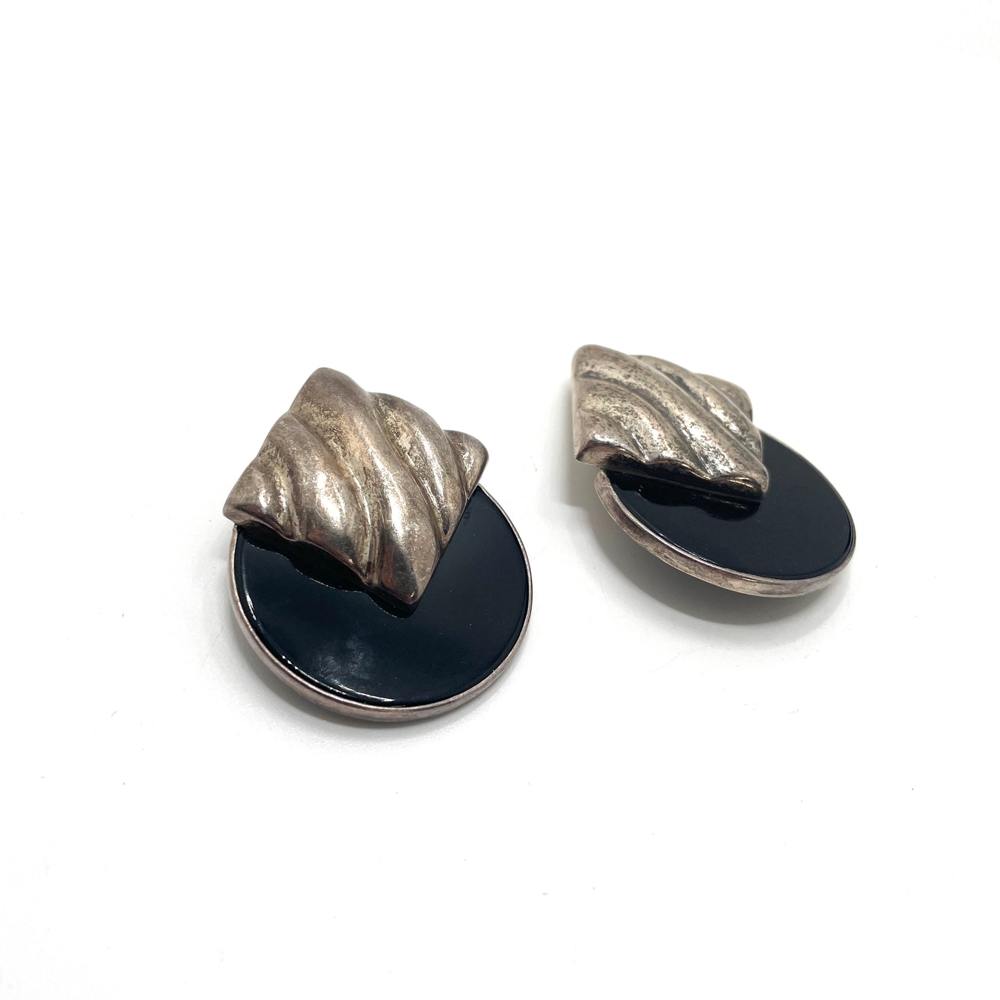 Vintage Art Deco Sterling & Black Onyx Clip Earrings