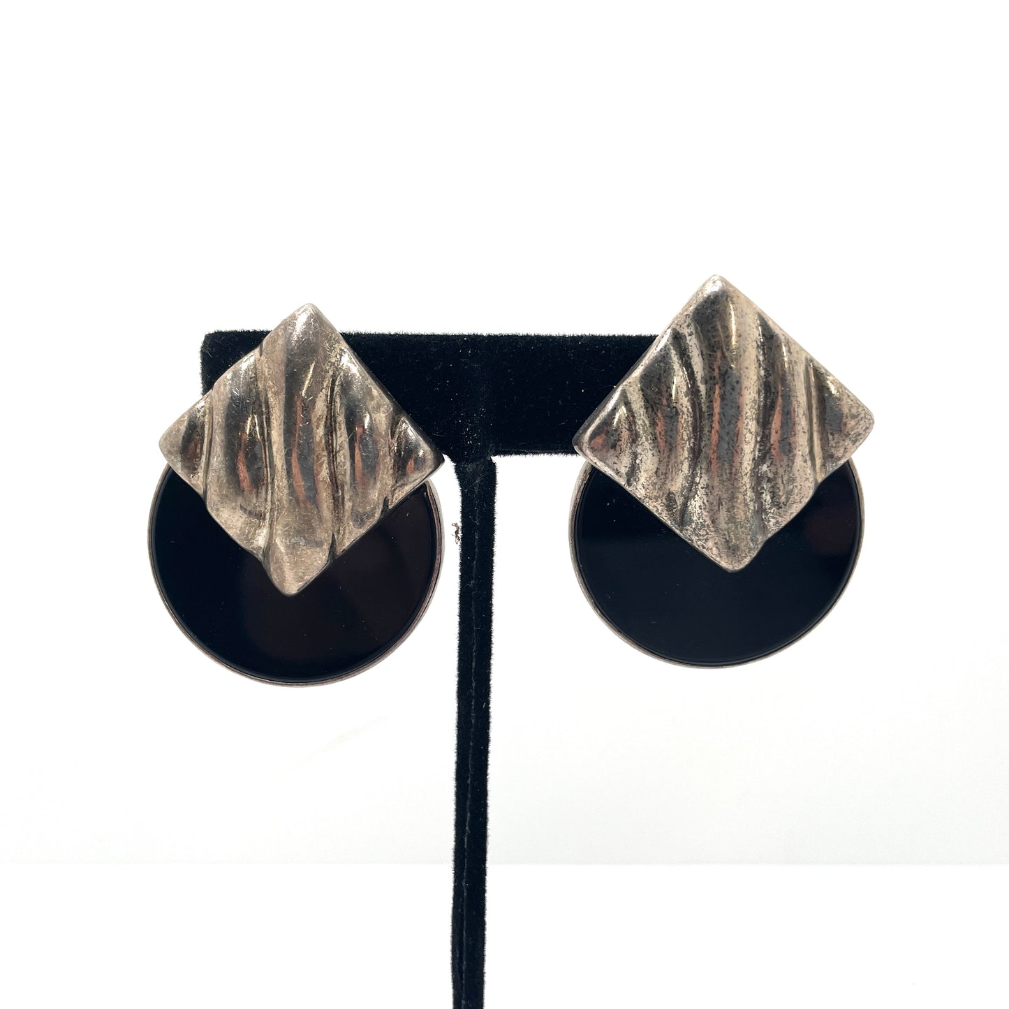 Vintage Art Deco Sterling & Black Onyx Clip Earrings
