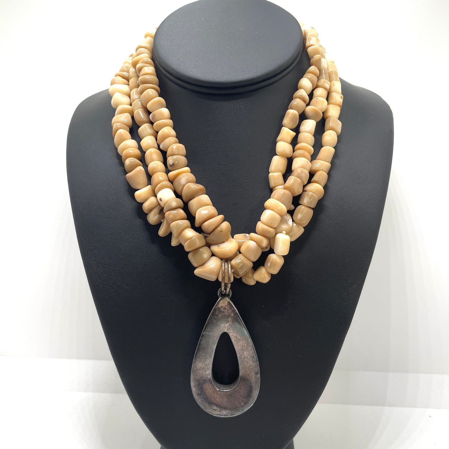 Vintage Brown Beaded Necklace with Silver Pendant