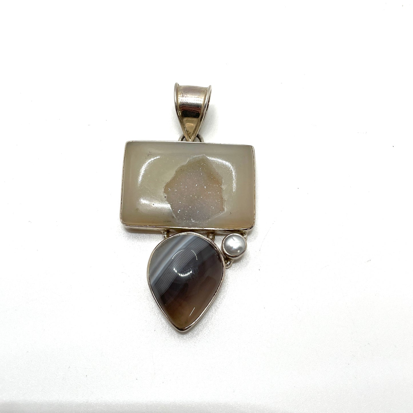 Vintage Sterling Silver Geometric Natural Stone Necklace Pendant