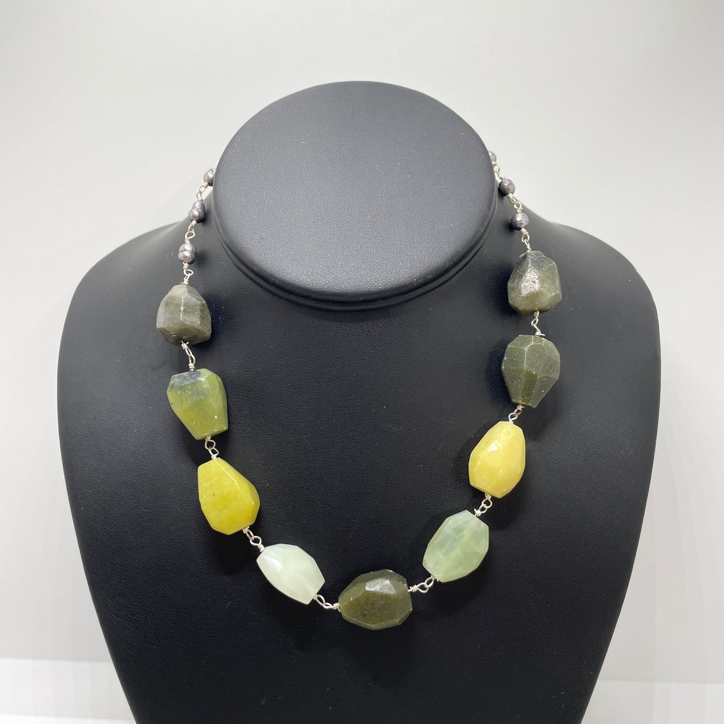 Green & Brown Stone Necklace with Seed Pearls