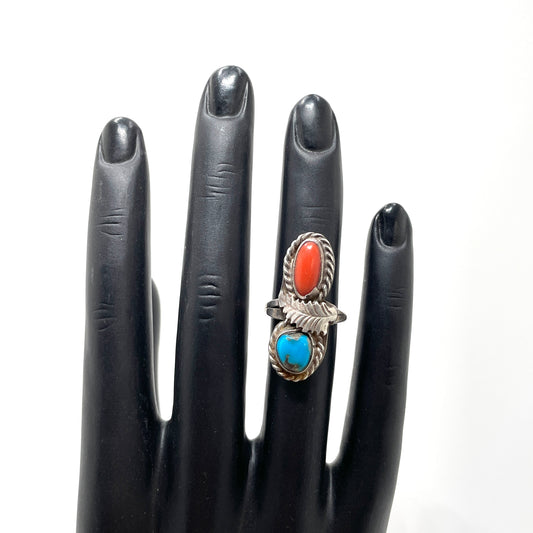 Vintage Turquoise & Red Stone Ring - Size 4.75