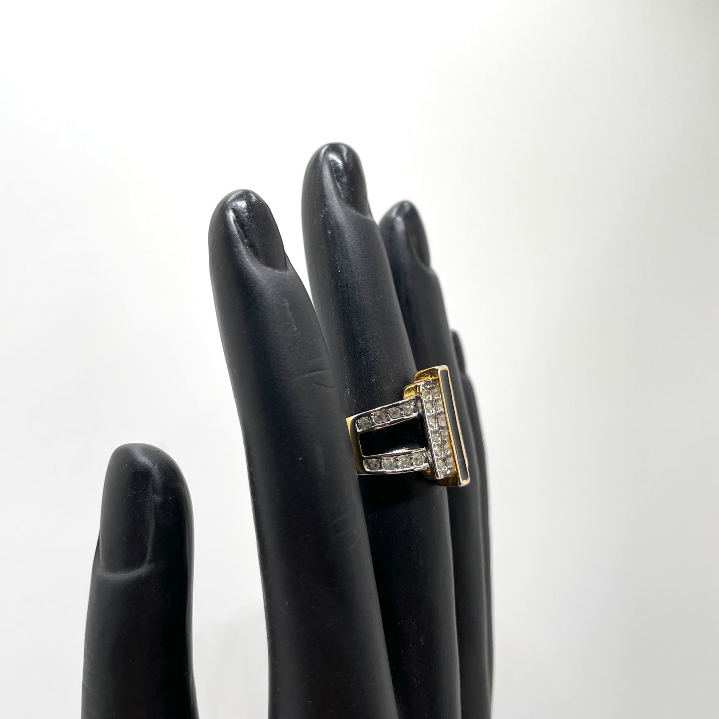 1980s Goldplate Cocktail Ring Black & Crystal - Size 6