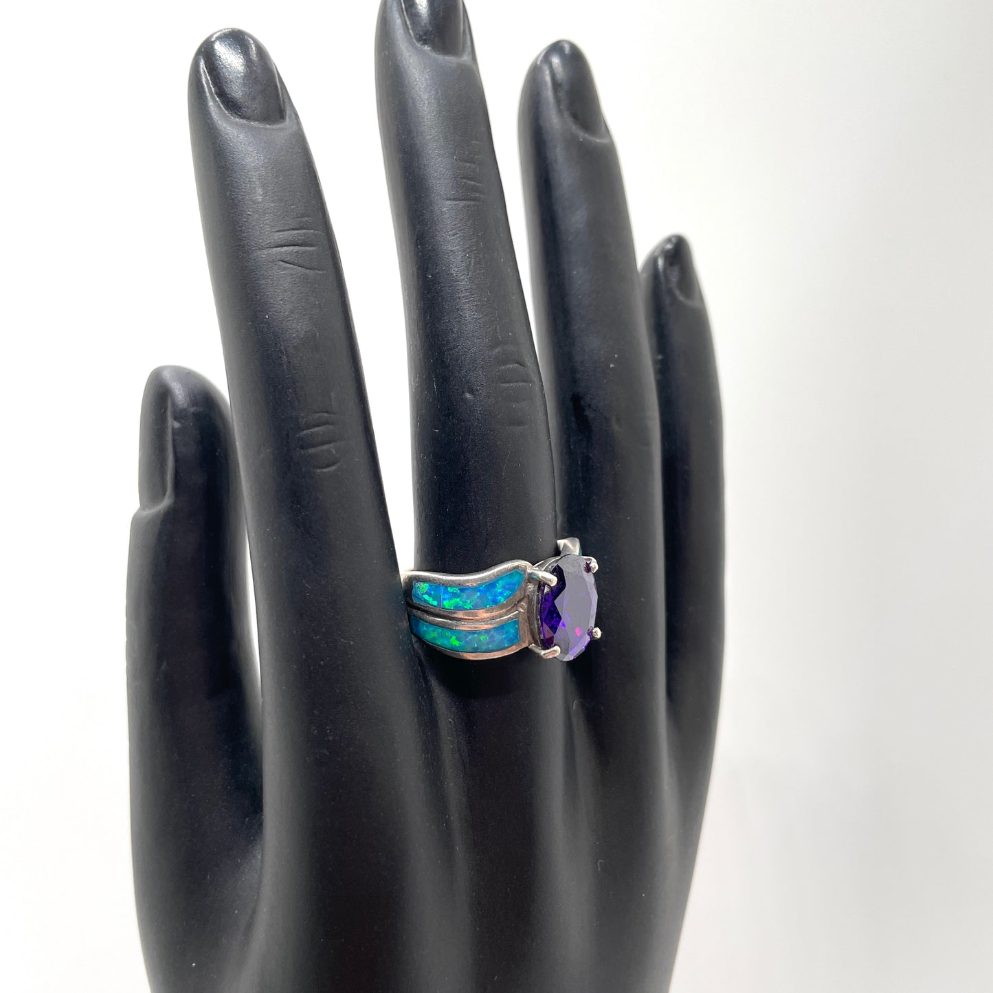 Vintage Opal & Amethyst Sterling Silver Ring - Size 9