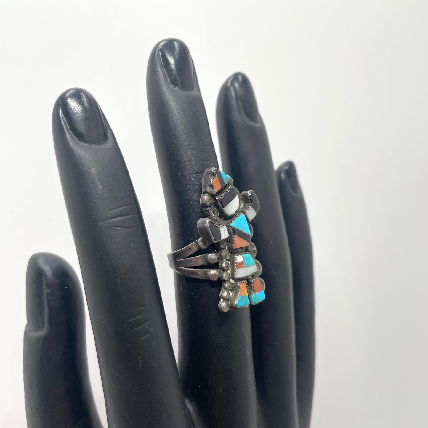 Vintage Sterling Silver, Turquoise, Onyx Inlay Ring - Size 6