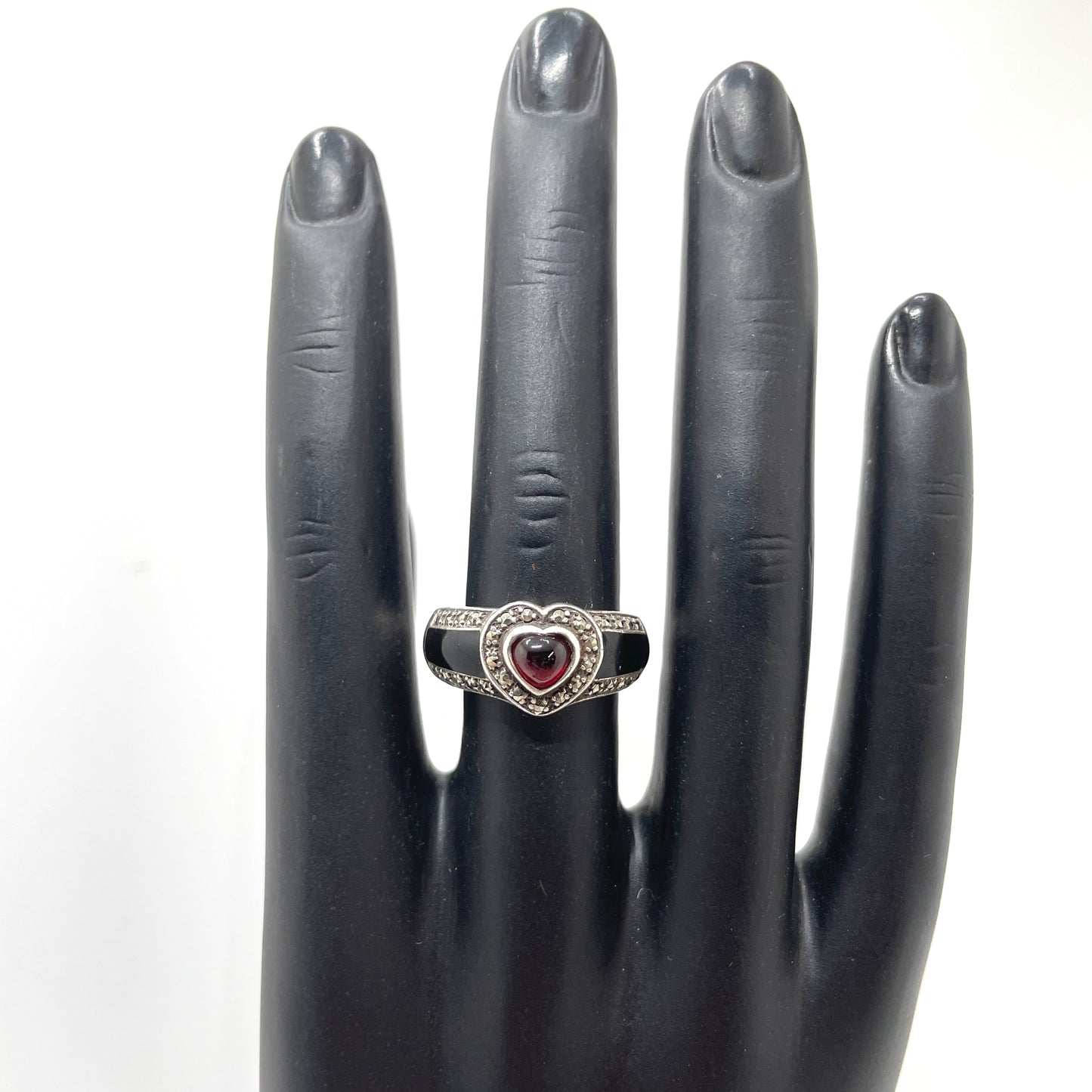 Vintage Sterling, Black Onyx & Ruby Heart Ring - Size 7.25