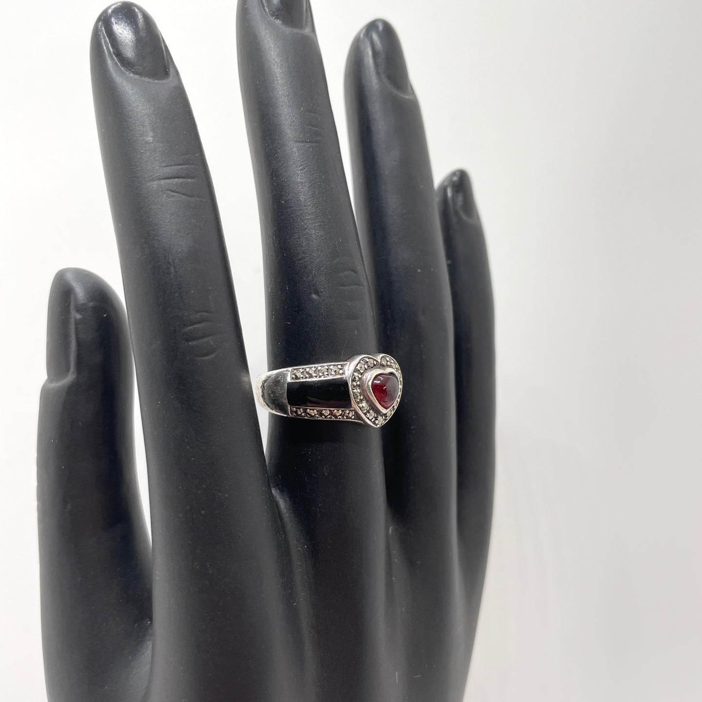 Vintage Sterling, Black Onyx & Ruby Heart Ring - Size 7.25