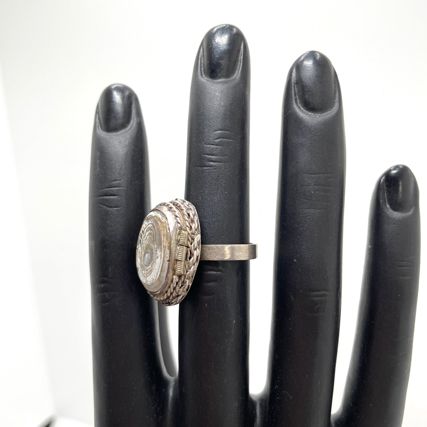 Vintage Sterling Silver Abalone Locket Ring - Adjustable Size