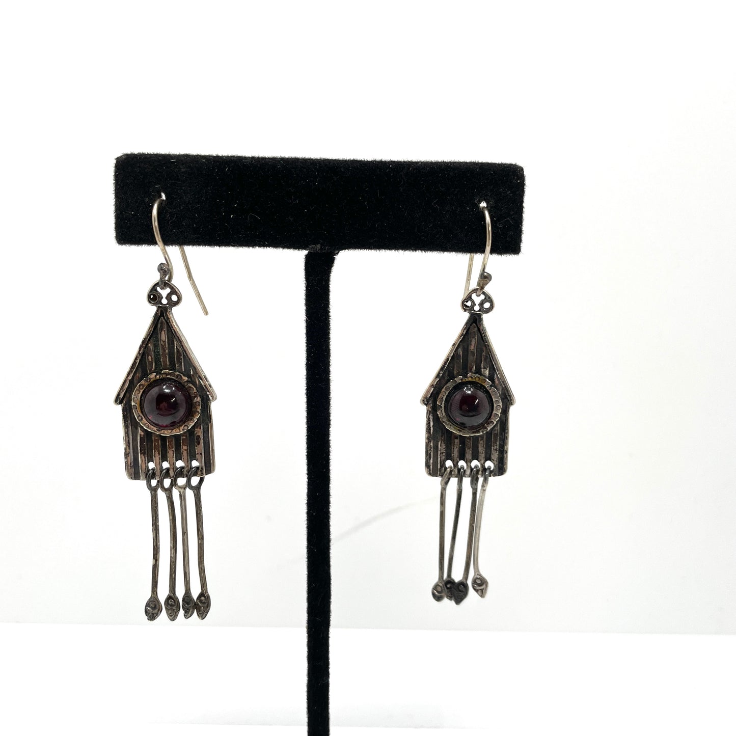 Vintage Sterling Silver with Red Stone Birdhouse Earrings