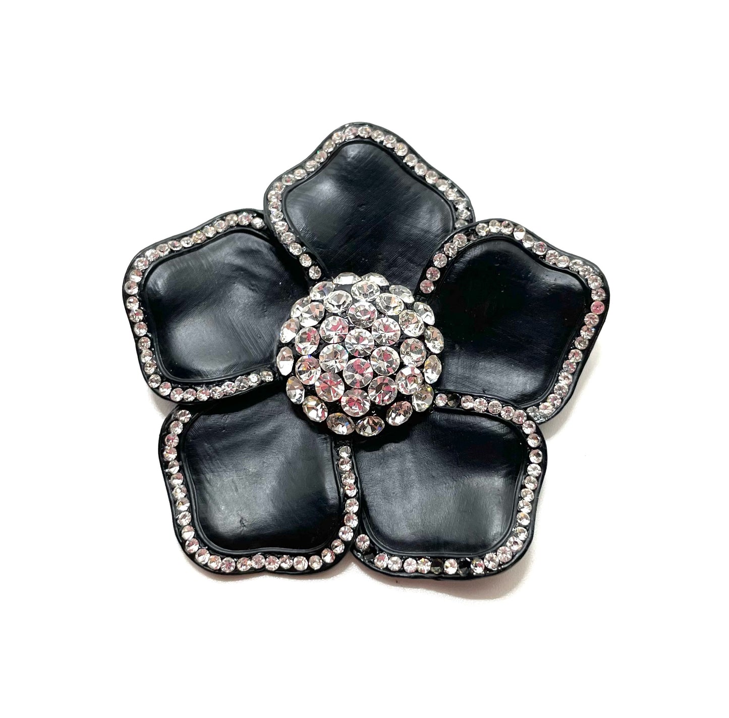 Vintage Black & Crystal Studded Flower Pin