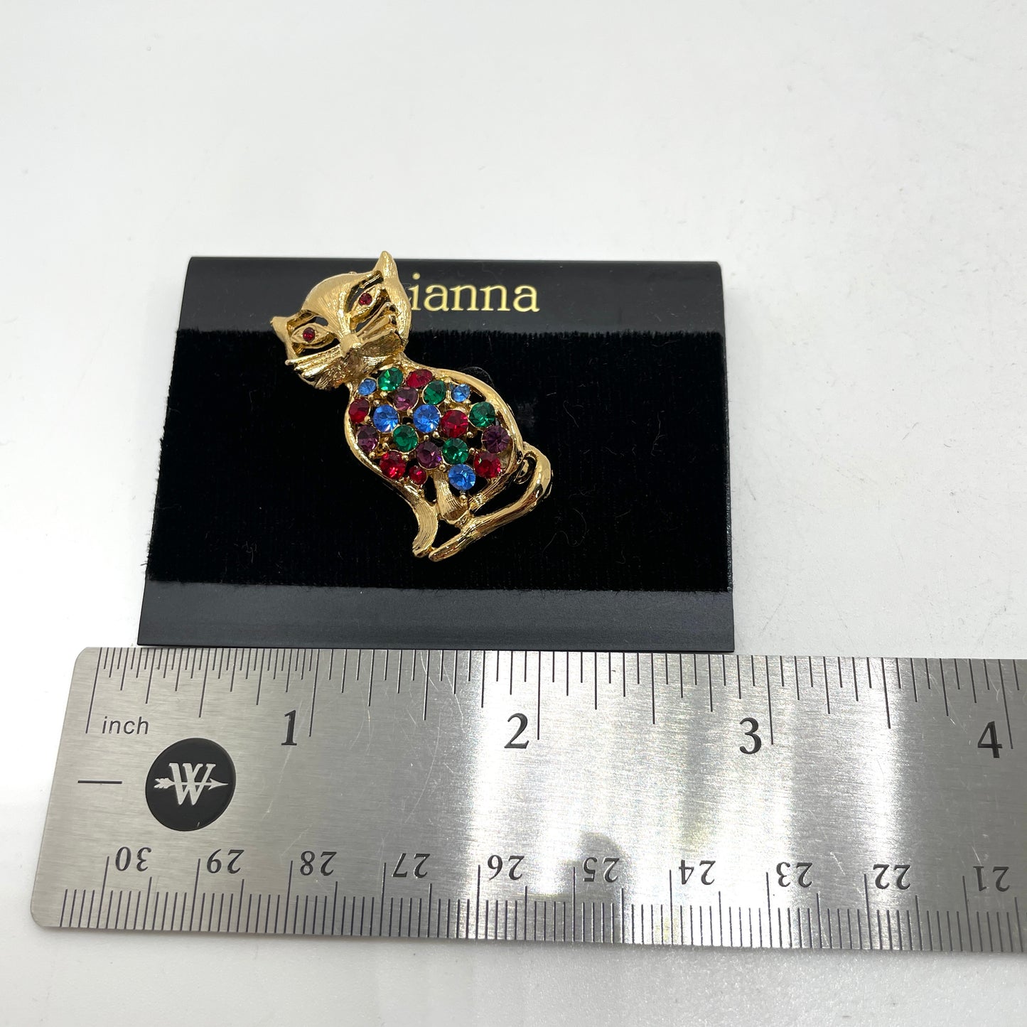 Vintage Cat Pin with Colored Crystals