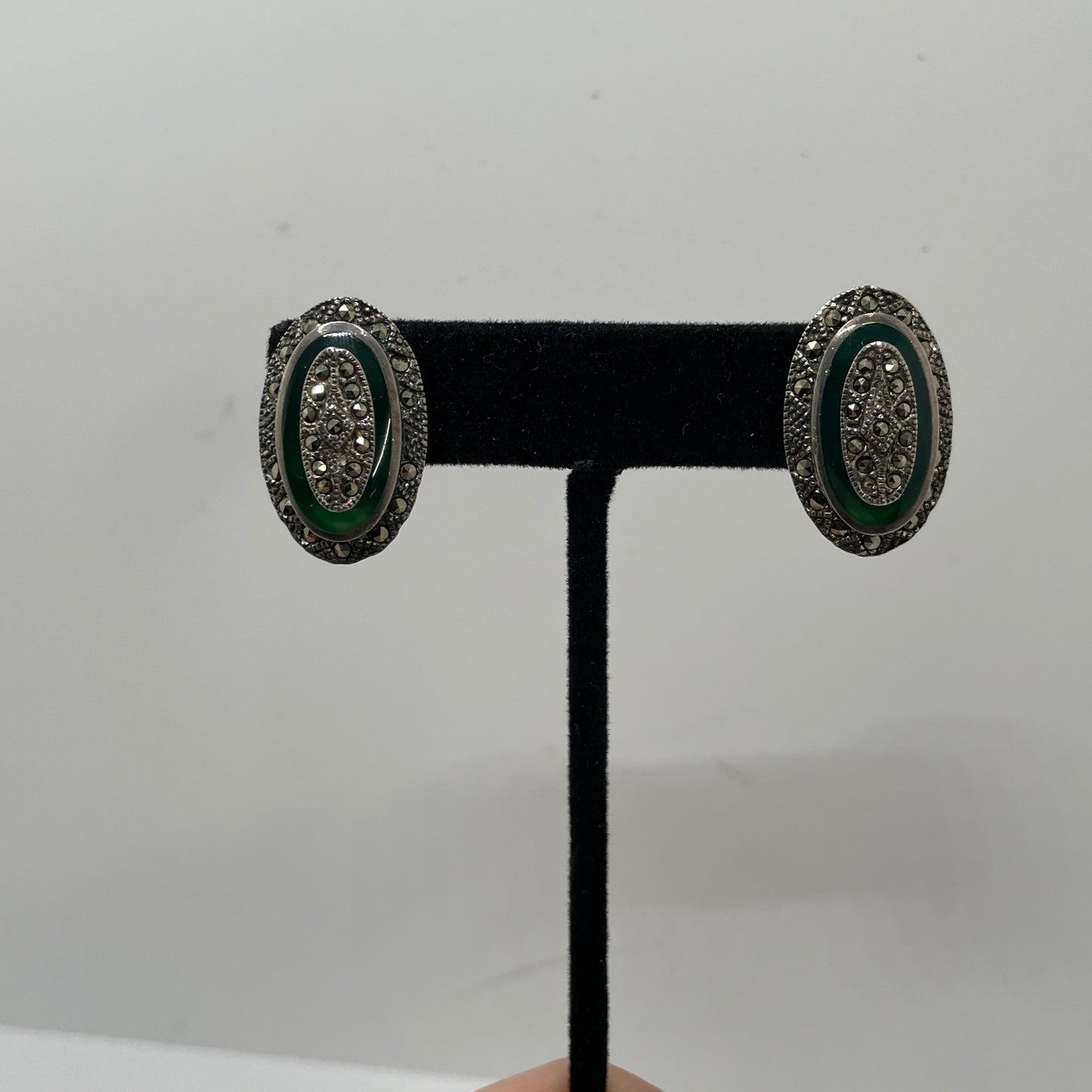 Vintage Sterling Silver Green Stone Clip Earrings