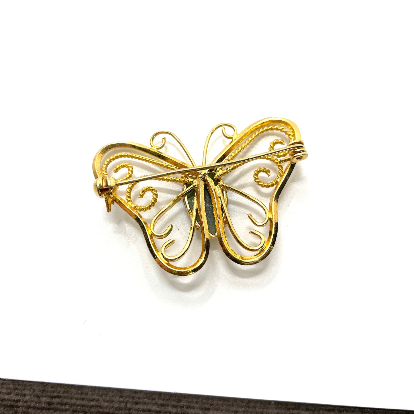 Vintage Gold & Green Stone Butterfly Pin