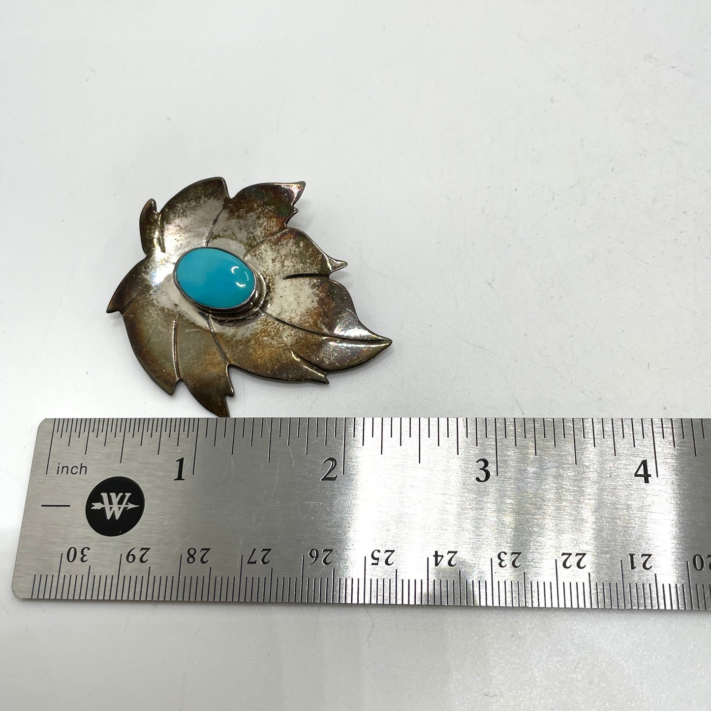 Vintage Sterling Silver & Turquoise Leaf Pin