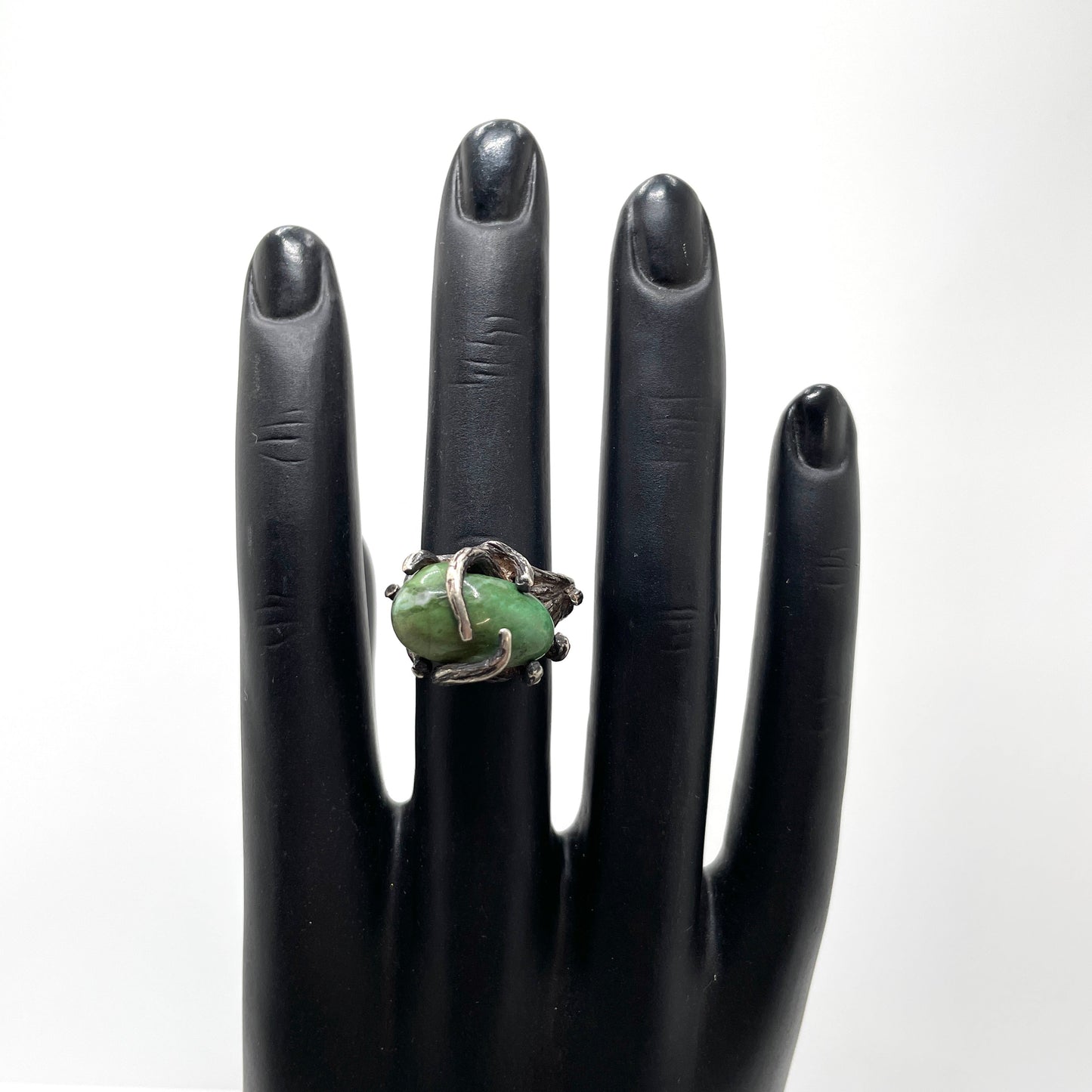 Brutalist Silver & Green Stone Ring - Size 7.25