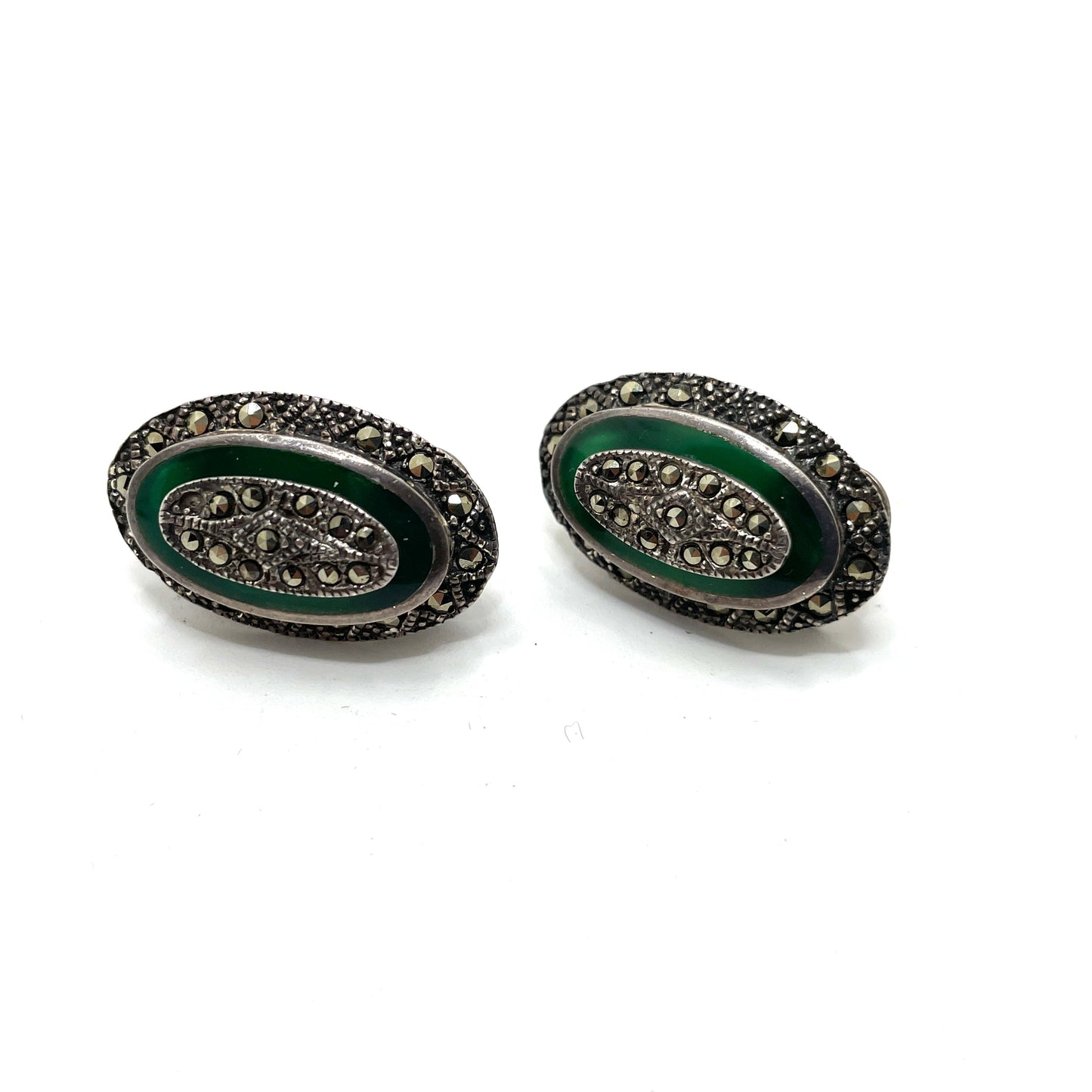 Vintage Sterling Silver Green Stone Clip Earrings