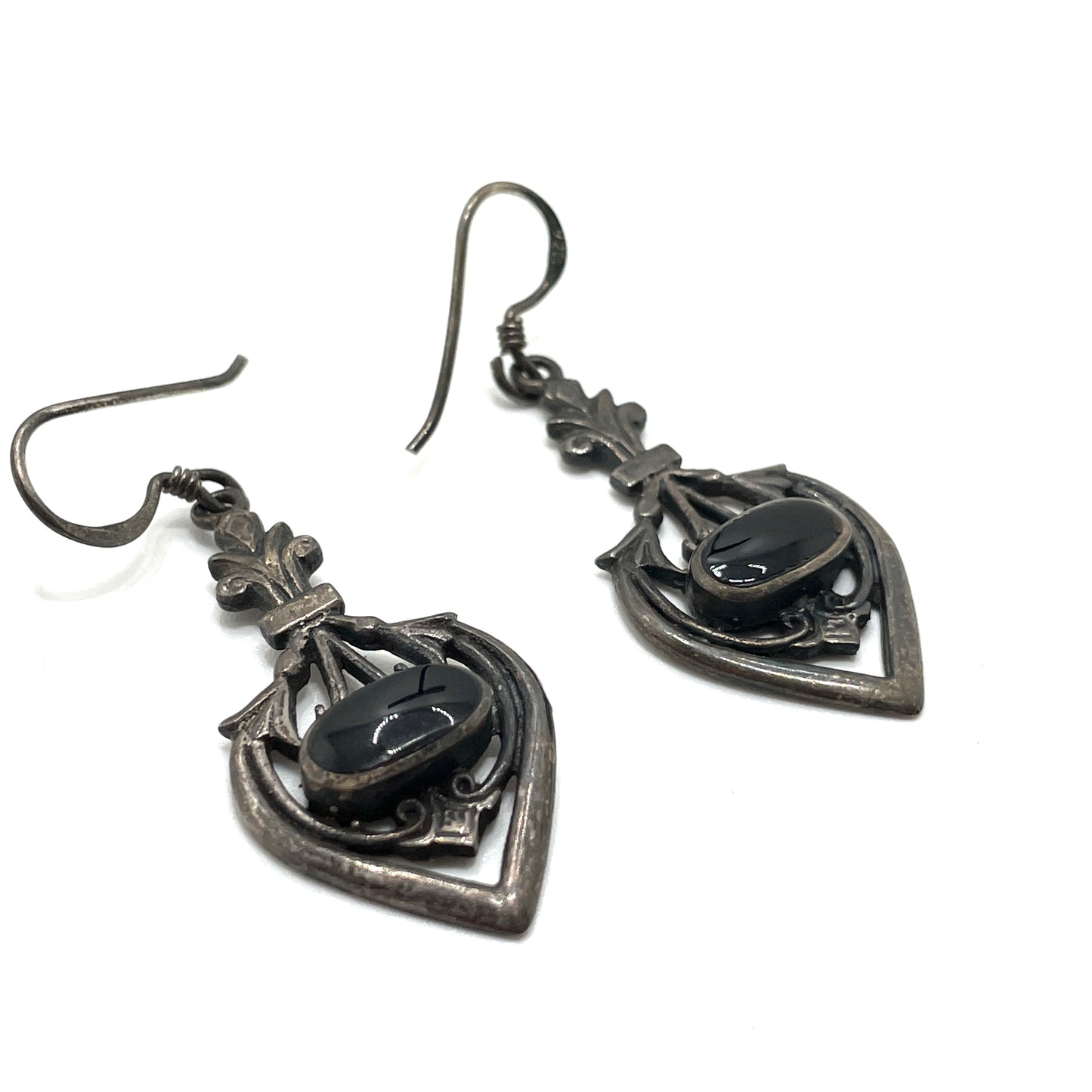 Vintage Sterling Silver & Black Onyx Dangle Earrings