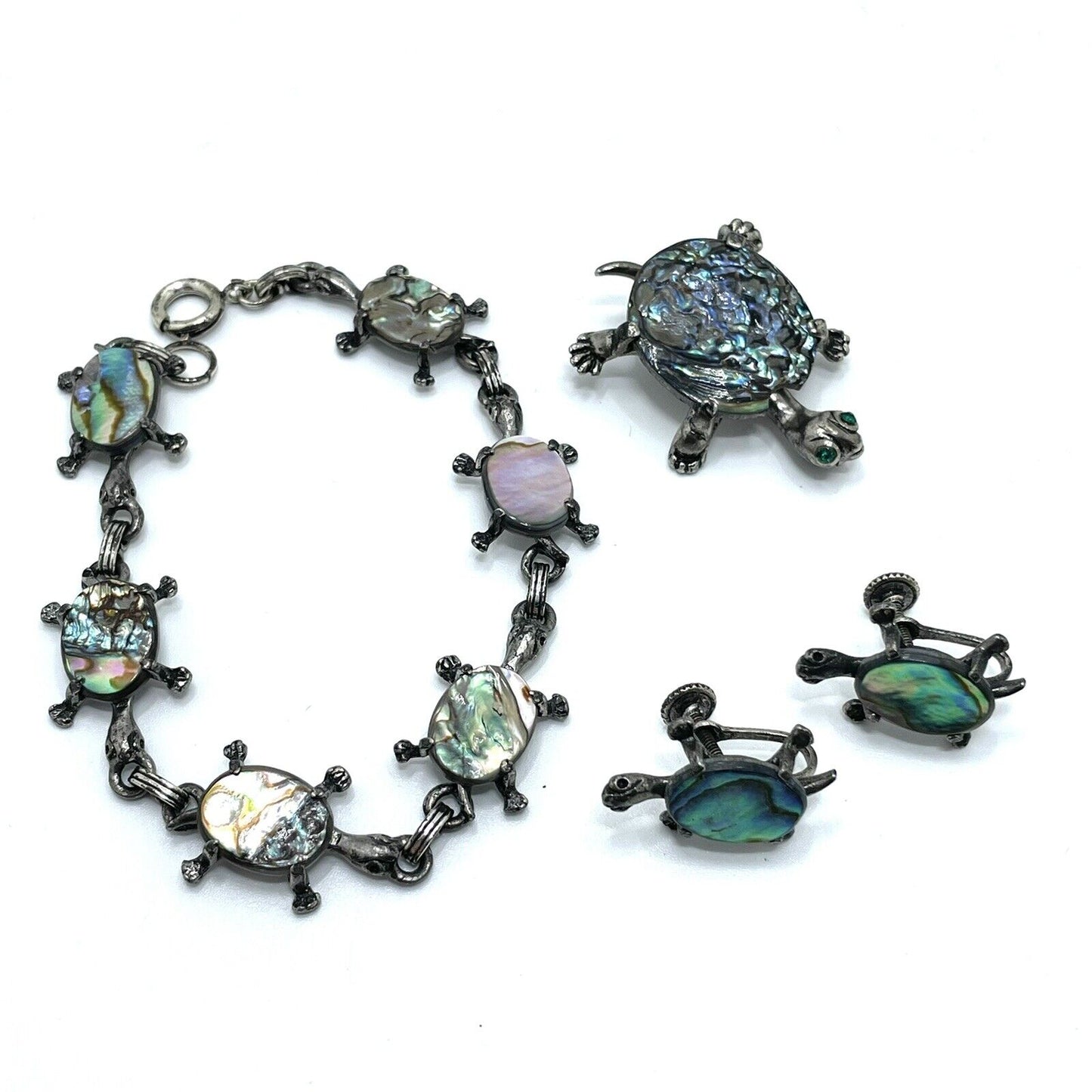 Vintage Abalone Turtle Bracelet - Pin - Screwback Earring Set