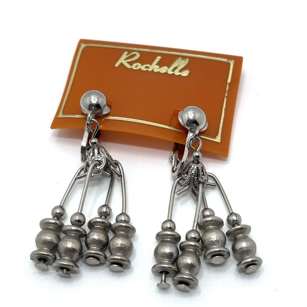 Vintage Rochelle Silver Tone Dangle Clip Earrings Articulated Brand New