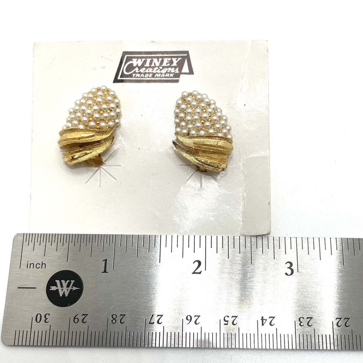 Vintage Winey Creations Gold Tone & Faux Pearl Clip Earrings