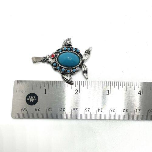 Fish Necklace Pendant Silver Tone Blue & Red Stones